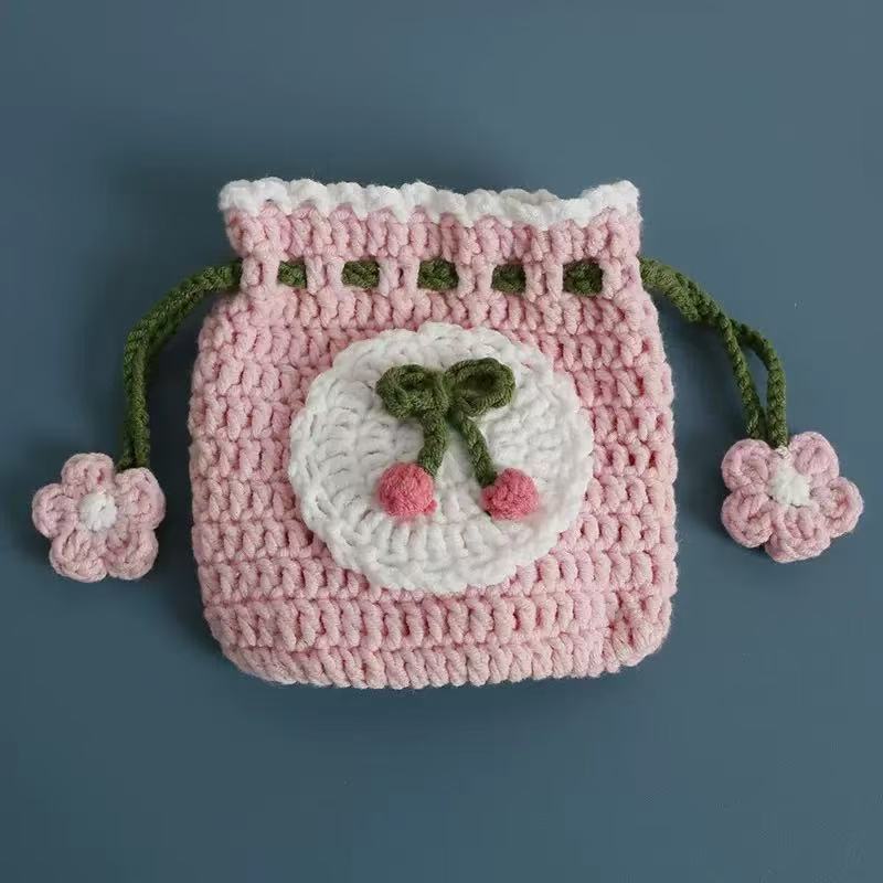 Handmade Knitted Earbud Pouch - Floral Botanical Series - Pink Cherry Blossom