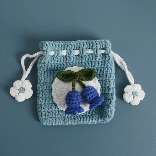 Handmade Knitted Earbud Pouch - Floral Botanical Series - Blue Bellflower