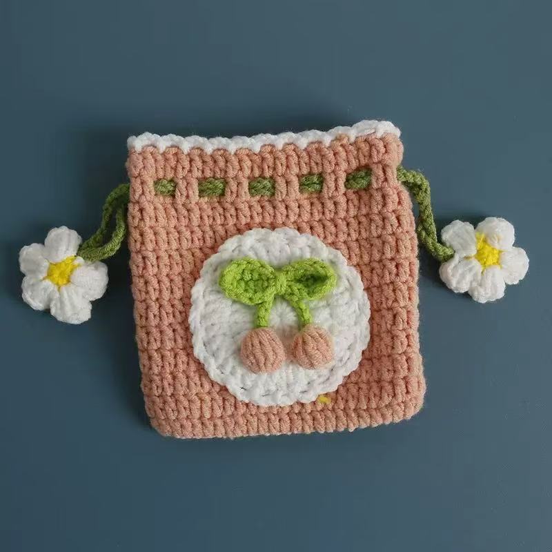 Handmade Knitted Earbud Pouch - Floral Botanical Series - Apricot Cherry Blossom
