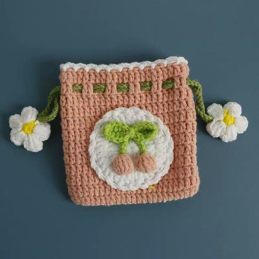 Handmade Knitted Earbud Pouch - Floral Botanical Series - Apricot Cherry Blossom