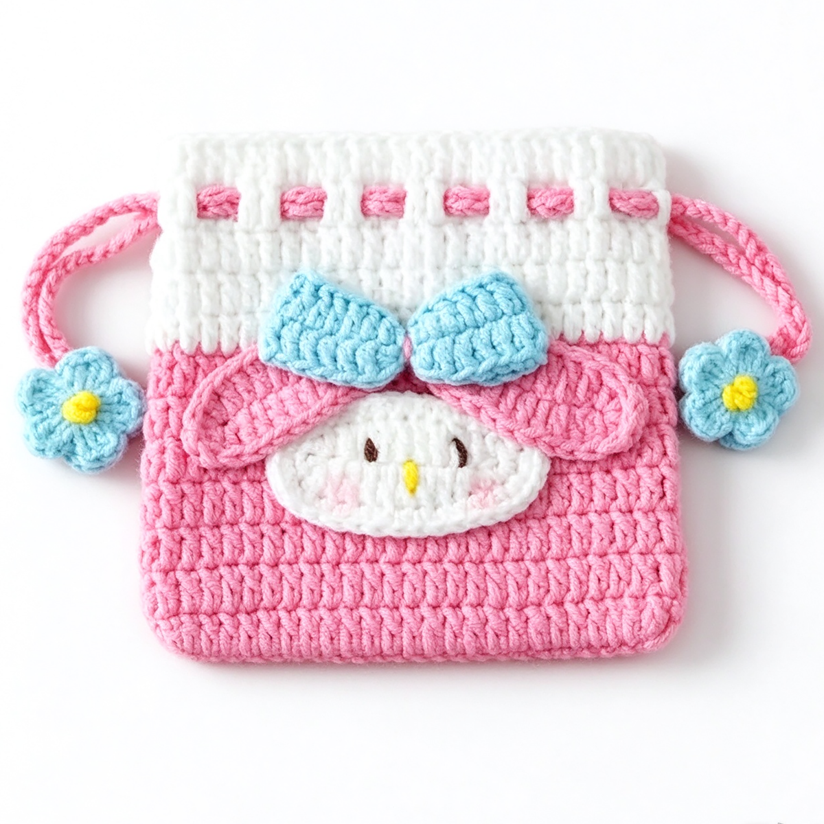 Handmade Knitted Earbud Pouch - Cute Cartoon Animal Series - Melody - White Bow Trim