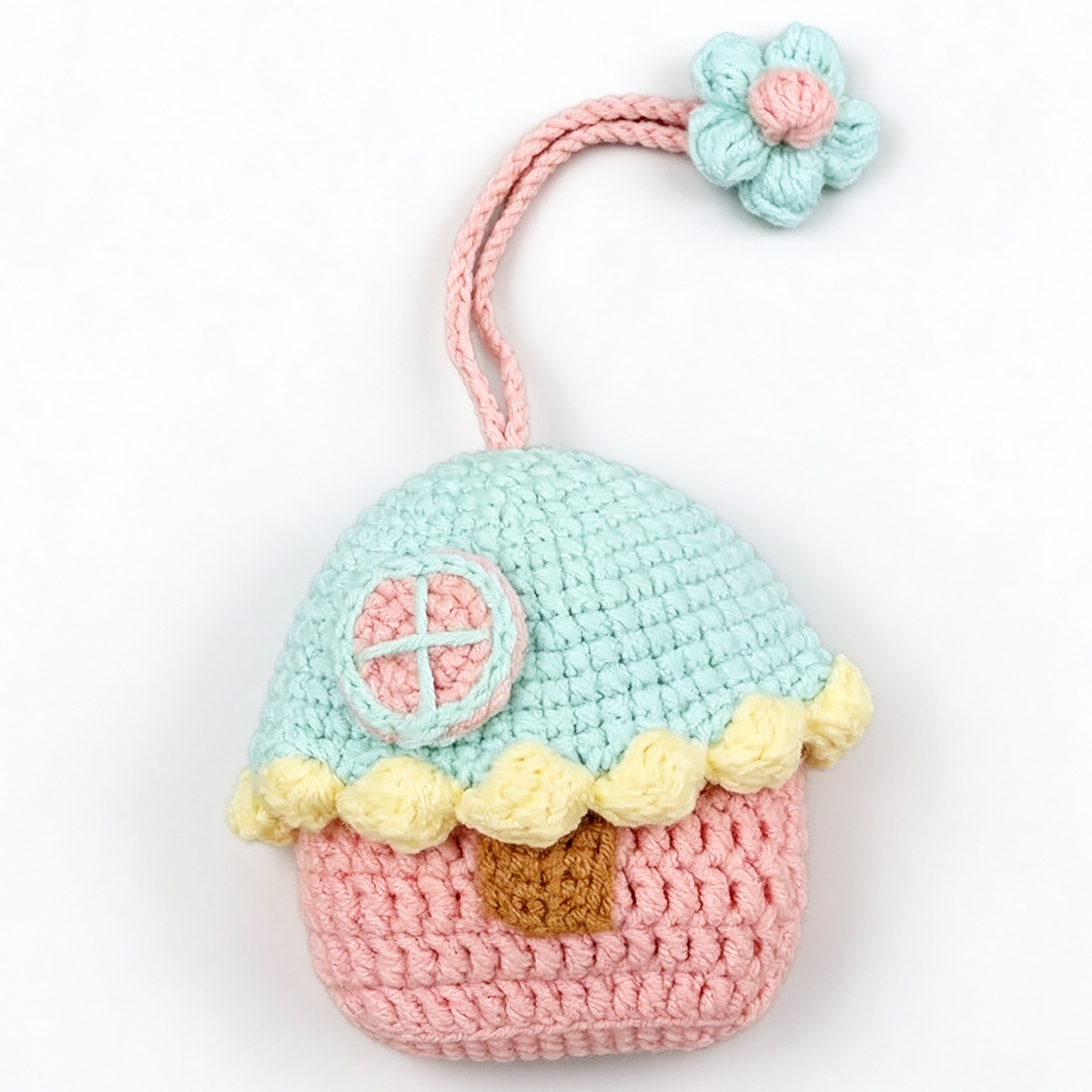 Handmade Knitted Earbud Pouch - Cozy Cottage House Series - Pink House