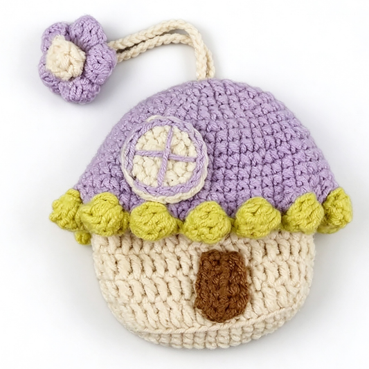 Handmade Knitted Earbud Pouch - Cozy Cottage House Series - Purple House